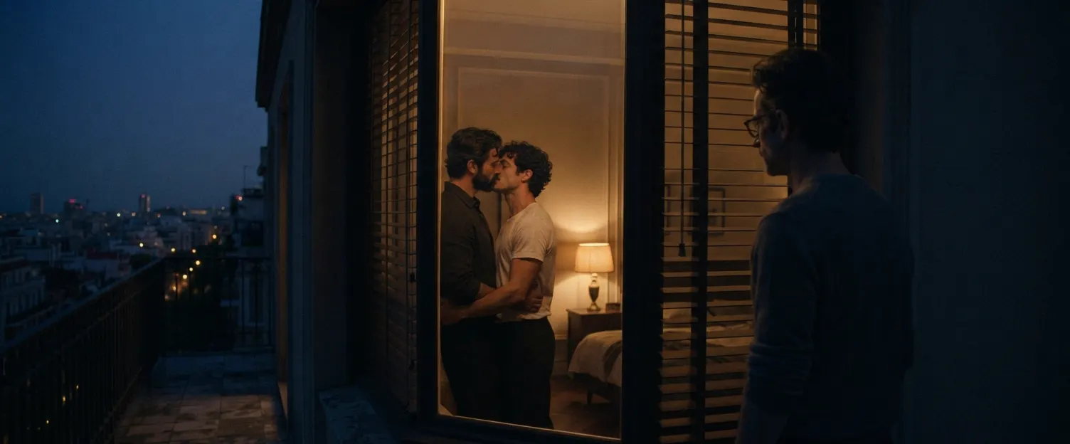 At dusk, a man on a balcony looks through half-open blinds into a lamplit bedroom where two men kiss.