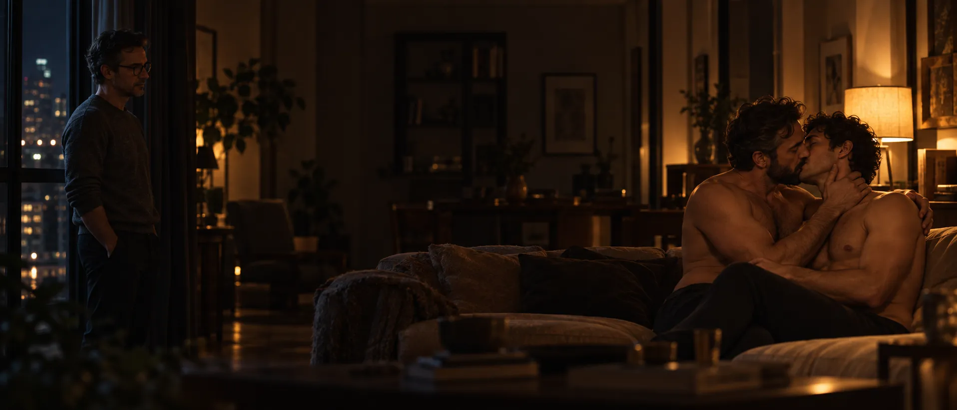At night, a man in glasses stands alone by the tall window; across the room, two shirtless men kiss on the sofa in lamplight.