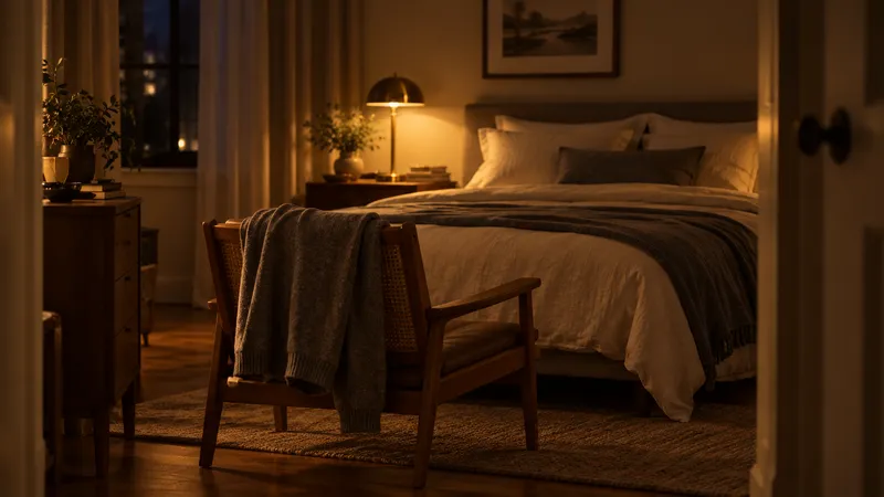 An empty wooden armchair at the foot of a bed in lamplight, a grey sweater draped over it.