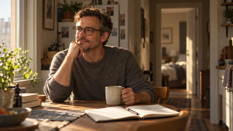Morning: a man in glasses sits by the window with coffee and an open notebook, smiling to himself.