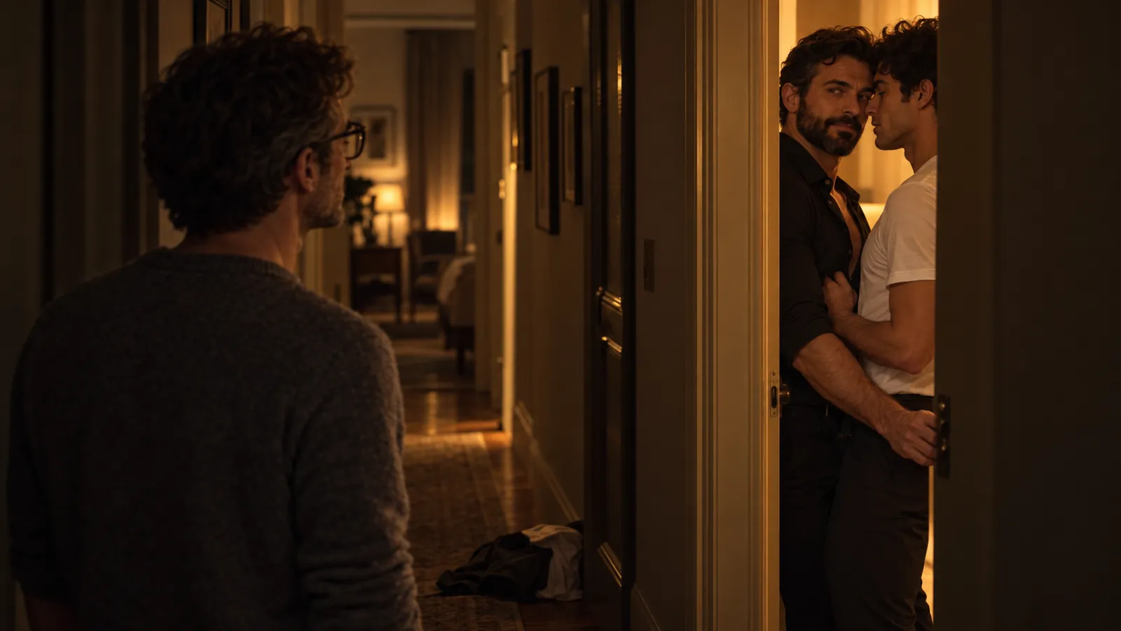 Seen over the shoulder of a man in a grey sweater: down the hallway, his husband in a black shirt holds another man close in a doorway and looks back at him.