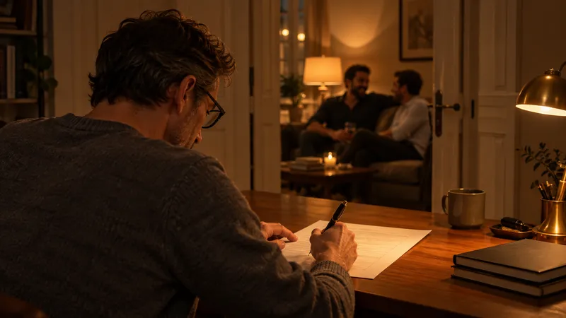 A man in glasses writes on a sheet by lamplight; in the next room, two men laugh together on the sofa.
