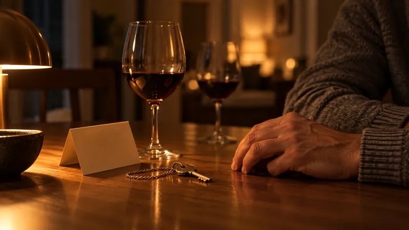 A folded card, a small key on a chain and two glasses of red wine on a table; a hand in a grey sleeve rests beside them.