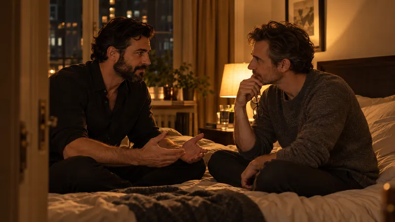 Two men sit facing each other on a bed, in a serious, tender conversation.