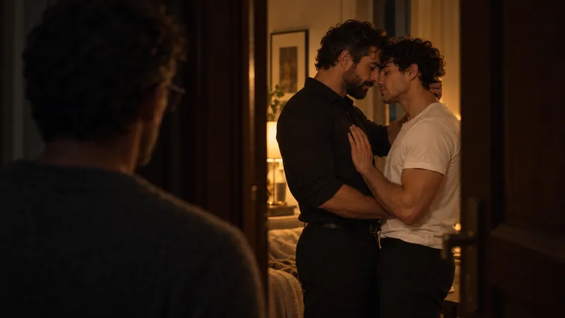 Seen from a dark hallway: through a half-open door, two men stand forehead to forehead in lamplight.