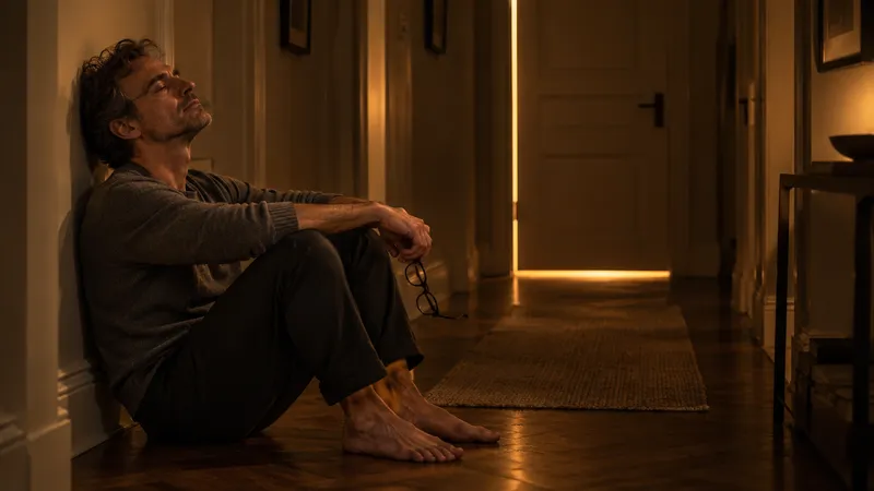 Late at night, a man in a grey sweater sits barefoot on the hallway floor, eyes closed; a thin line of light glows beneath a closed door.