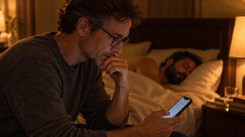 At night, a man in glasses sits by the bed with his phone, a message unsent; his husband sleeps beside him.