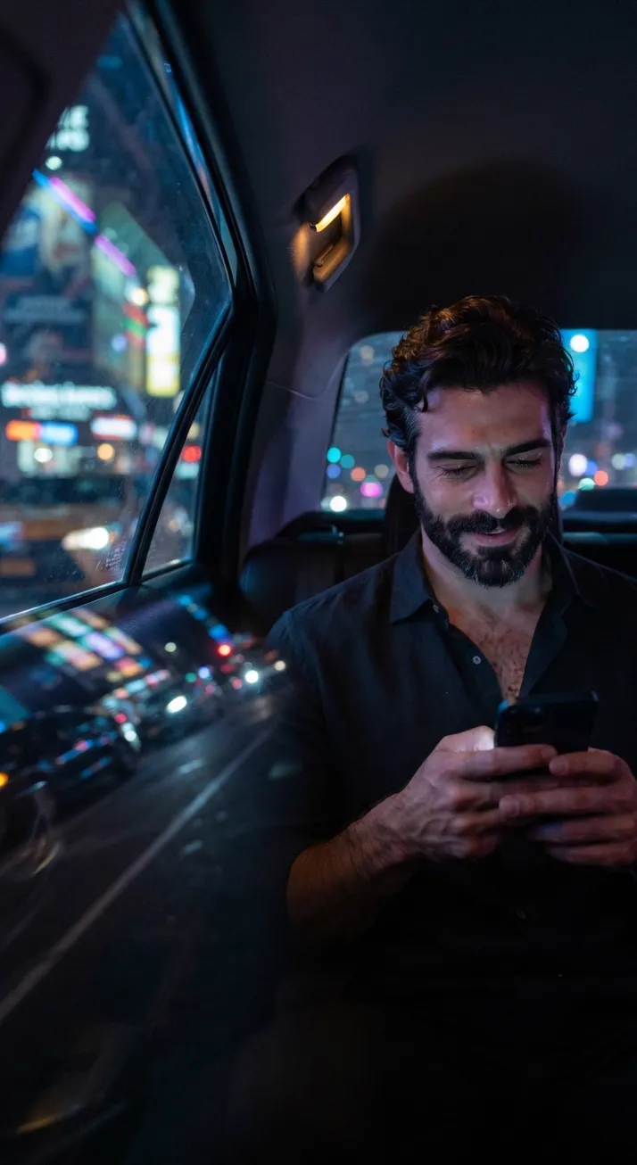 At night in the back of a taxi, a bearded man smiles at his phone.
