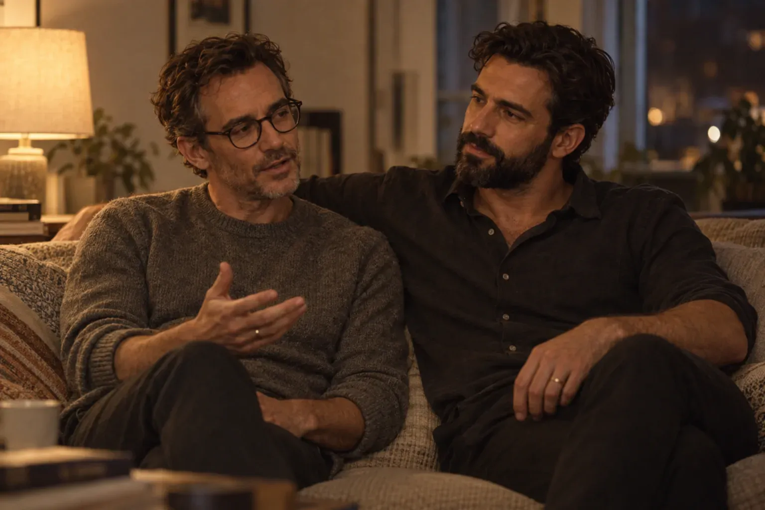 Two men on a sofa in the evening, turned toward each other in conversation