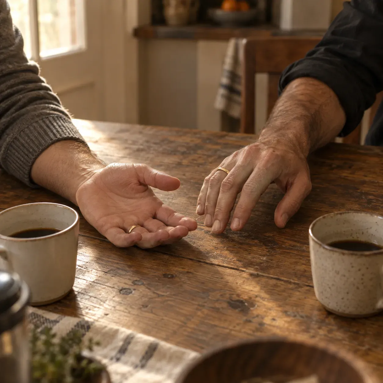 Two hands on a kitchen table, one reaching toward the other